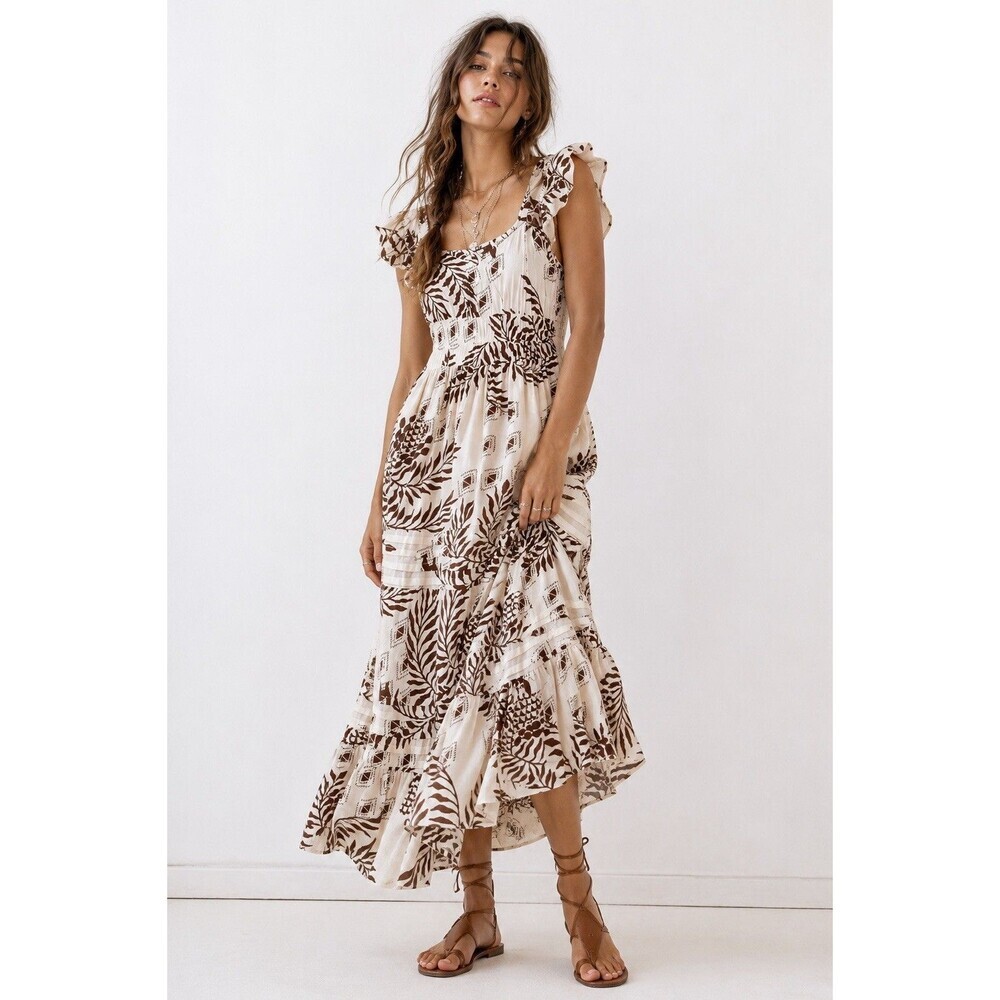 Max + Ash Tropical Print Tiered Maxi Dress Cream Brown Flutter Sleeve Large